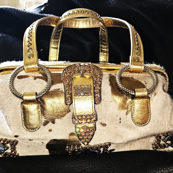 Raviani Gold Acid Washed Hair on Hide  Swarovski Crystals Handbag - Picture 1 of 7